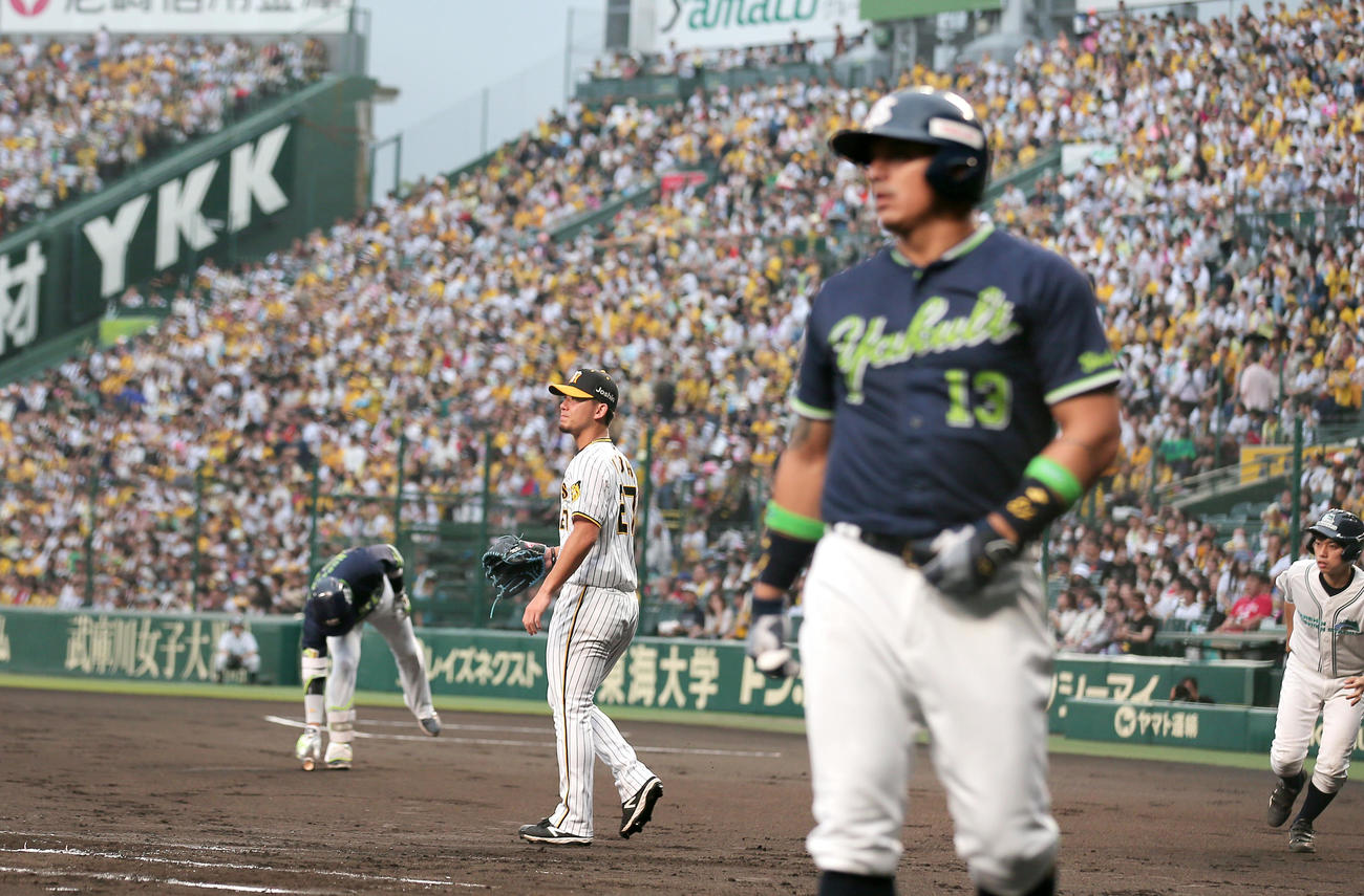 阪神対ヤクルト　1回表ヤクルト1死一、三塁、伊藤将（左から2人目）は村上に先制の左犠飛を浴びる（撮影・上山淳一）