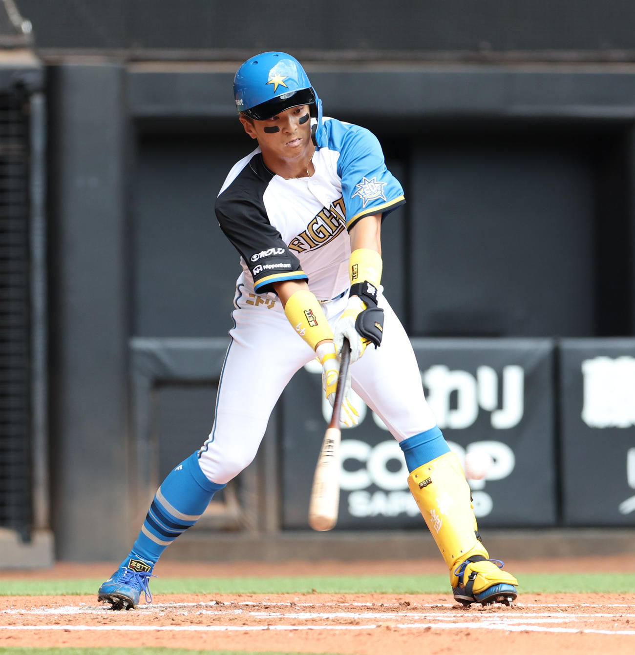 日本ハム対ロッテ　3回裏日本ハム無死、山田は左前打を放つ（撮影・佐藤翔太）