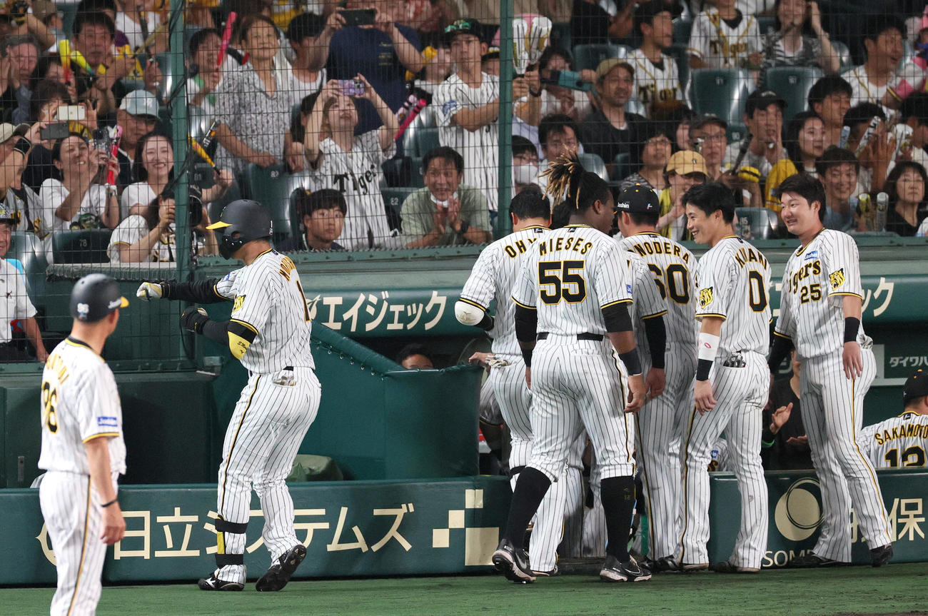 阪神対ヤクルト　8回裏阪神無死、森下（左から2人目）は左中間越えソロ本塁打を放ちポーズを決める（撮影・上山淳一）
