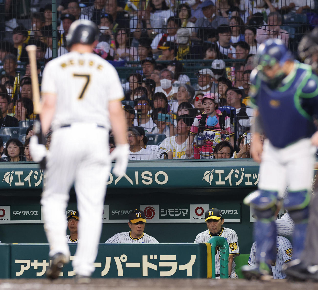 阪神対ヤクルト　4回裏阪神1死、三振に倒れたノイジー（手前左）とベンチの岡田監督（右）（撮影・藤尾明華）