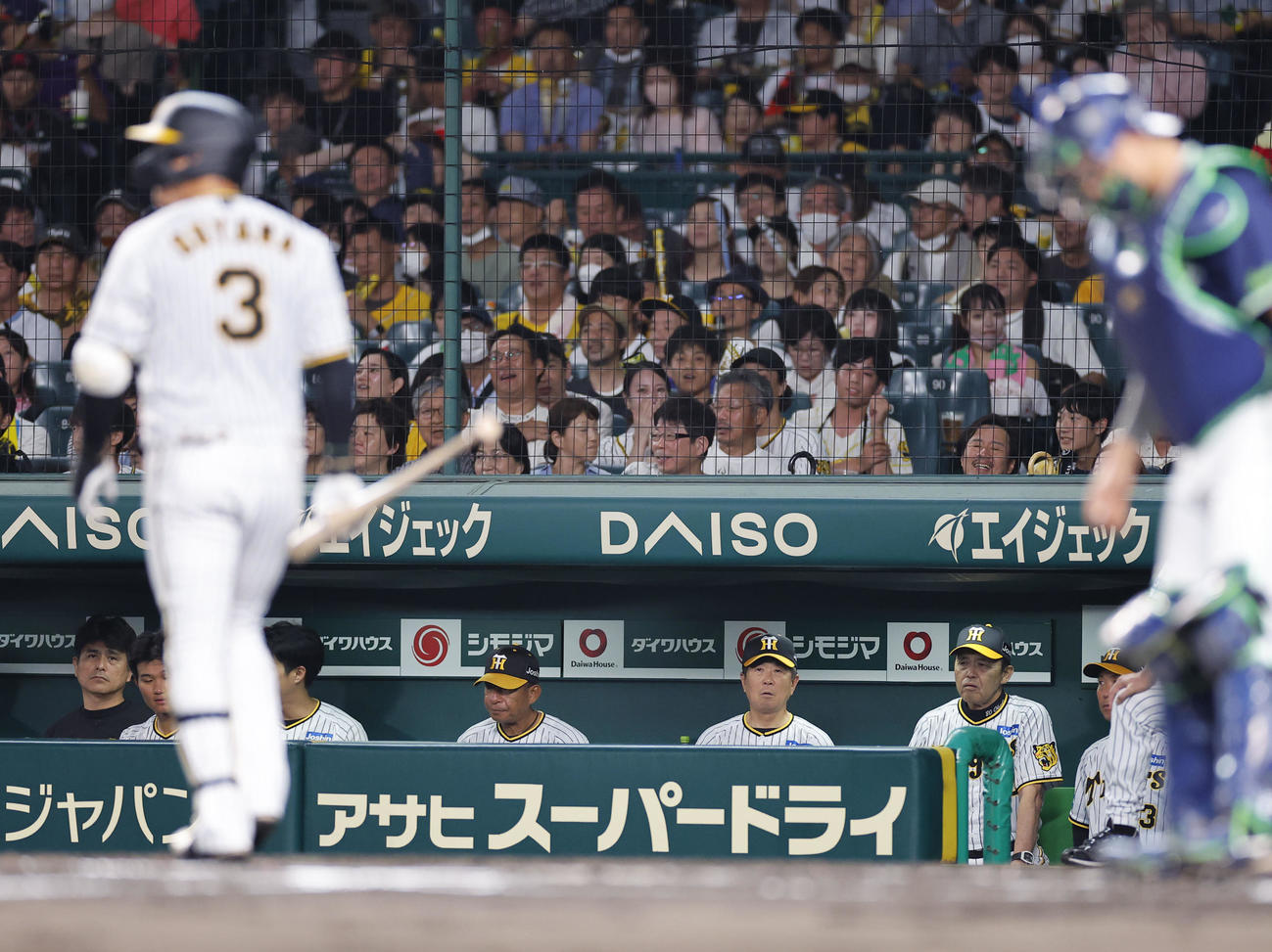 阪神対ヤクルト　6回裏阪神無死一塁、見逃し三振の大山とベンチの岡田監督（奥右から2人目）（撮影・藤尾明華）