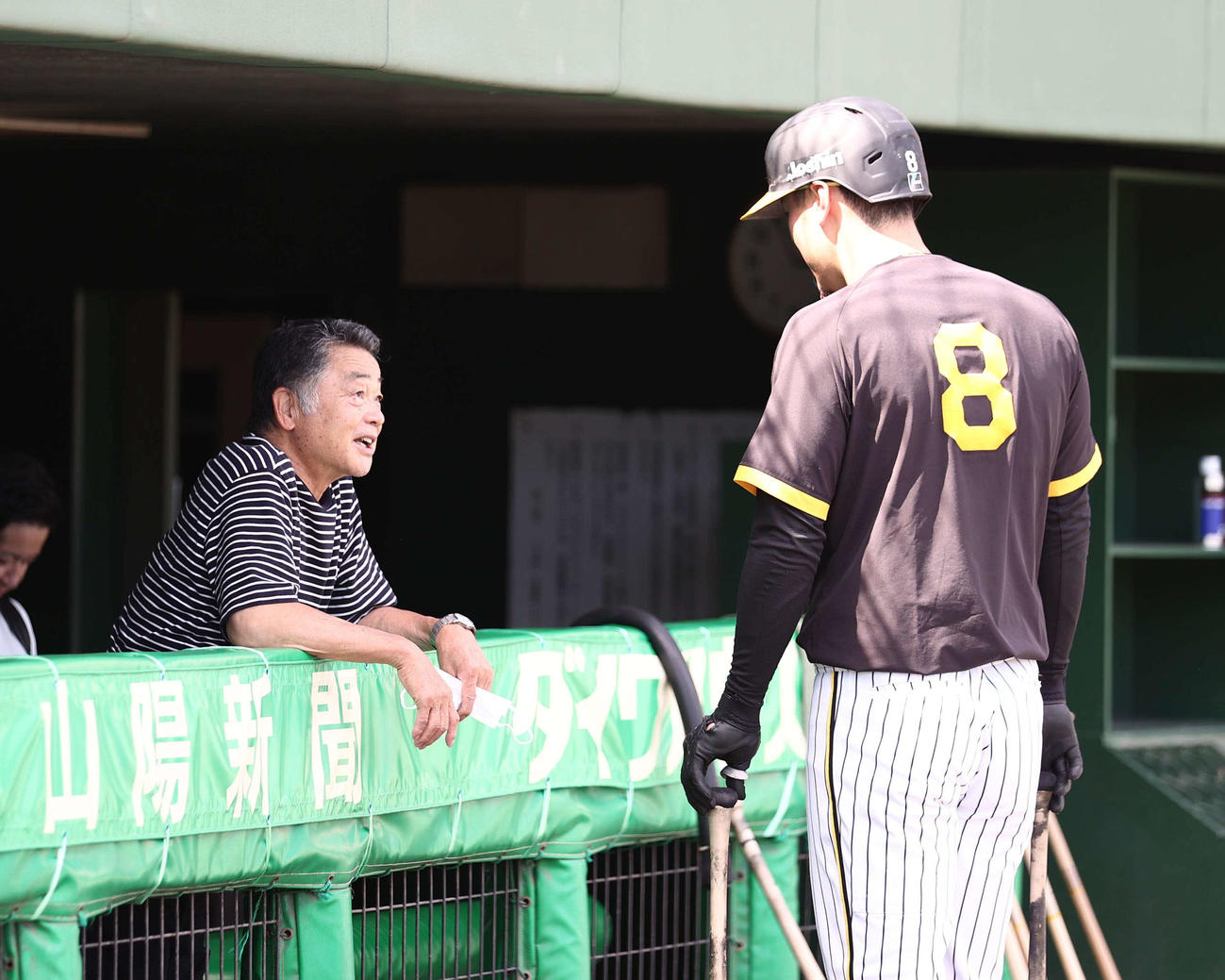 阪神対DeNA　佐藤輝（右）と話をする阪神タイガース川藤OB会長（撮影・上田博志）