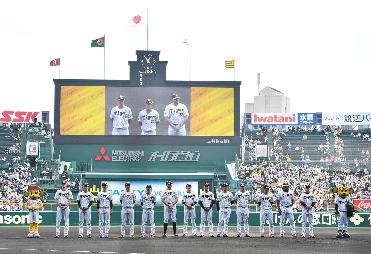 巨人戦を前に紹介された、右から野口恭佑、ヨハン・ミエセス、井坪陽生、シェルドン・ノイジー、森下翔太、戸井零士、渡辺諒、ジェレミー・ビーズリー、富田蓮、大竹耕太郎、茨木秀俊、門別啓人、ブライアン・ケラー（撮影・岩下翔太）