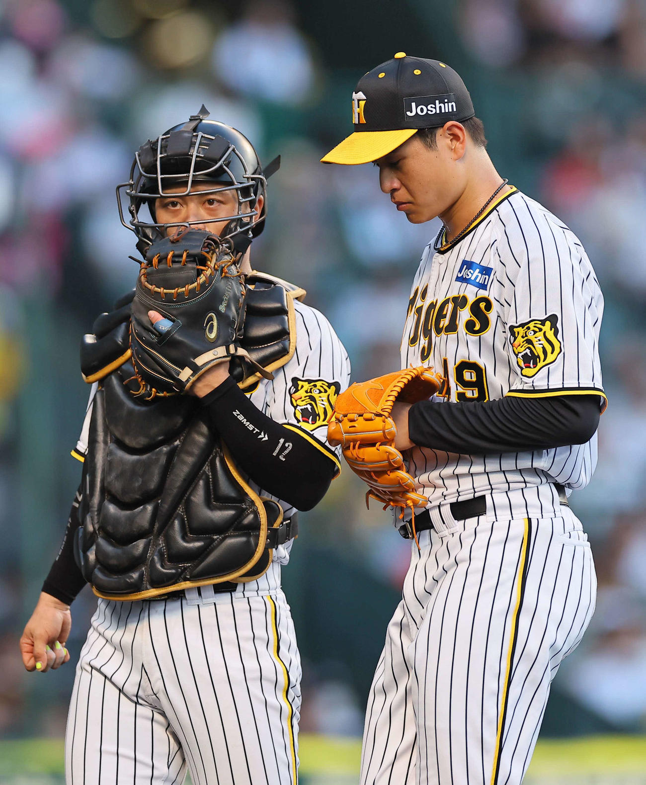 阪神対DeNA 2回、坂本（左）と話しながらベンチに戻る大竹（撮影・上田博志）
