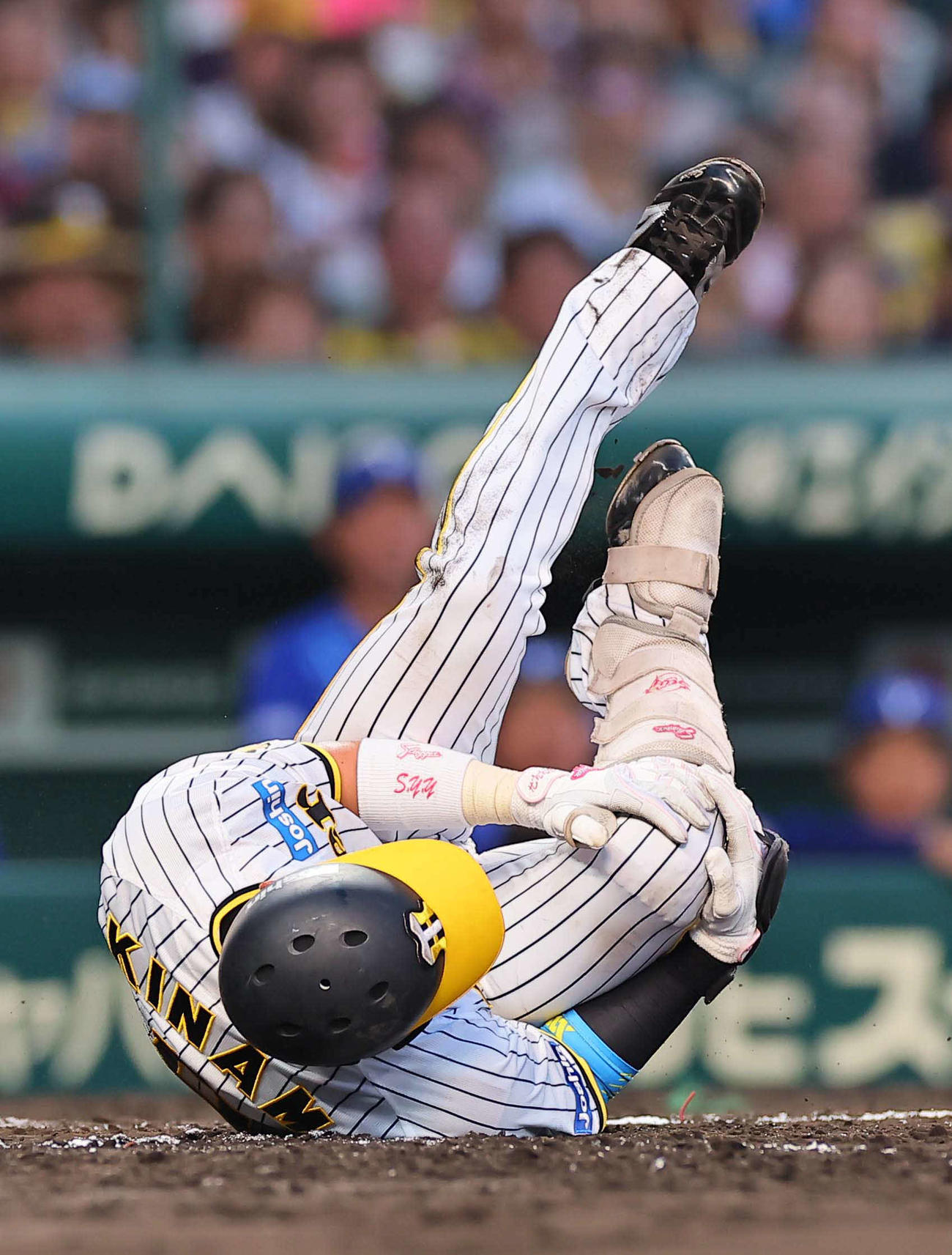 阪神対DeNA 3回裏阪神1死、右膝に自打球を当て倒れ込む木浪（撮影・上田博志）