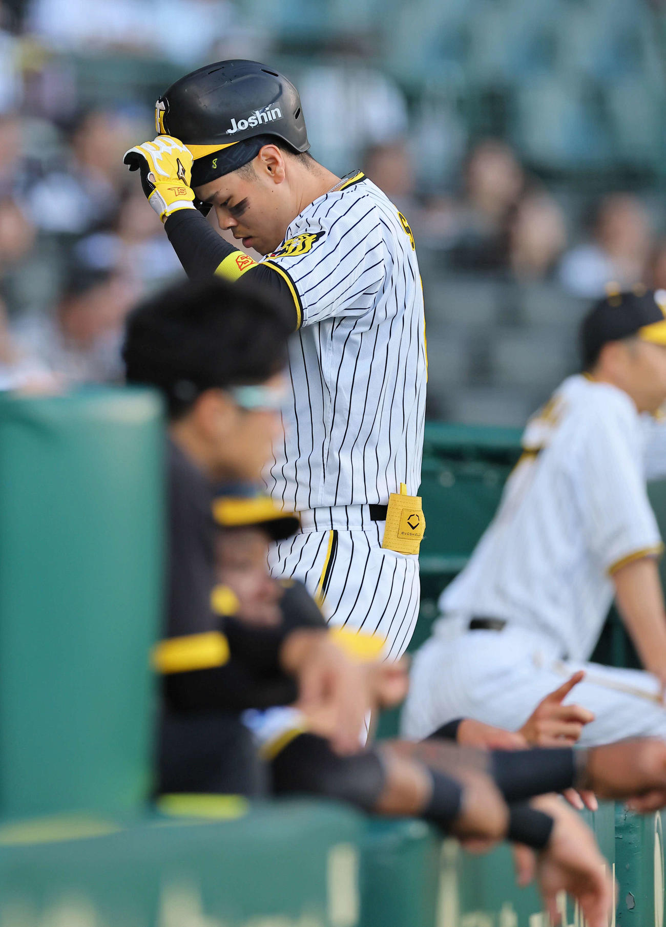 阪神対DeNA 2回裏阪神1死、佐藤輝は三邪飛に倒れる（撮影・上田博志）