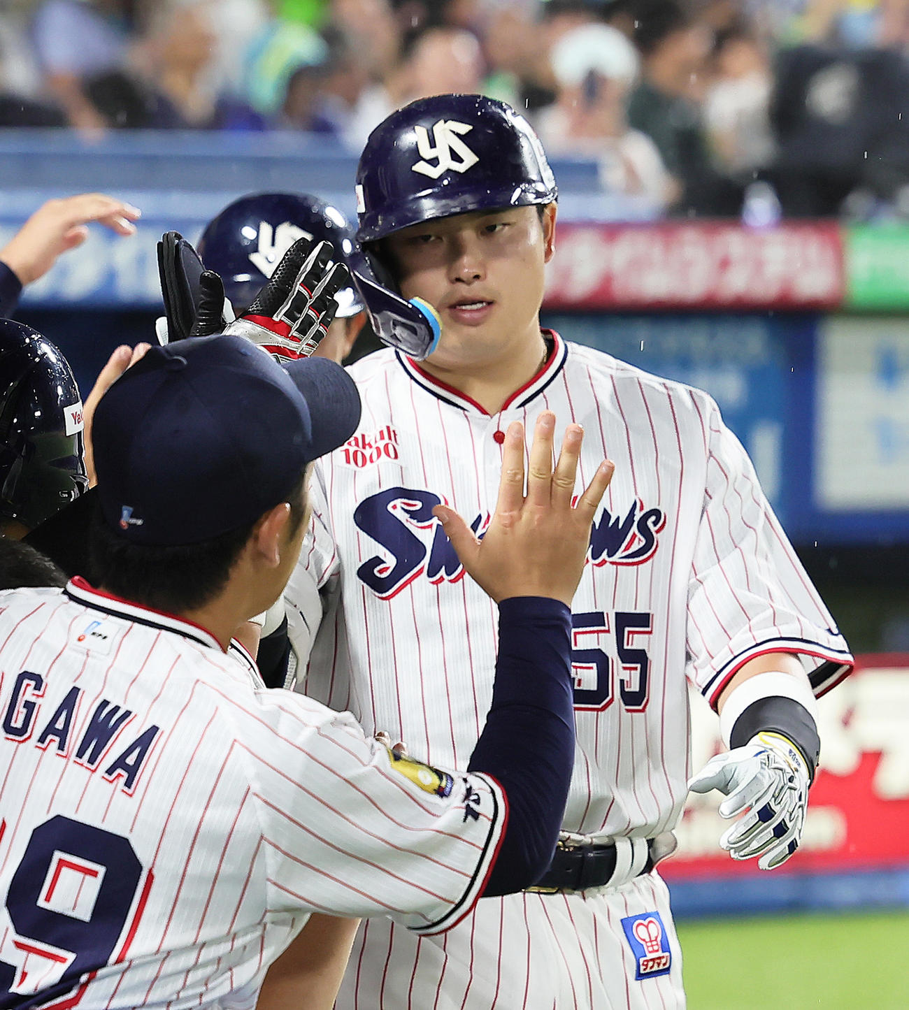 ヤクルト対中日　6回裏ヤクルト2死一、三塁、村上は右越え3点本塁打を放ちタッチを交わす（撮影・足立雅史）