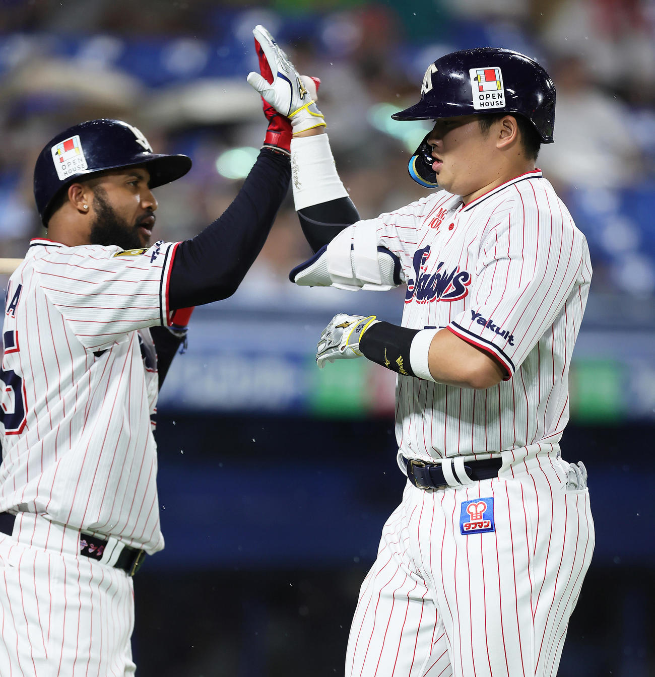 ヤクルト対中日　6回裏ヤクルト2死一、三塁、村上（右）は右越え3点本塁打を放ちサンタナとタッチを交わす（撮影・足立雅史）