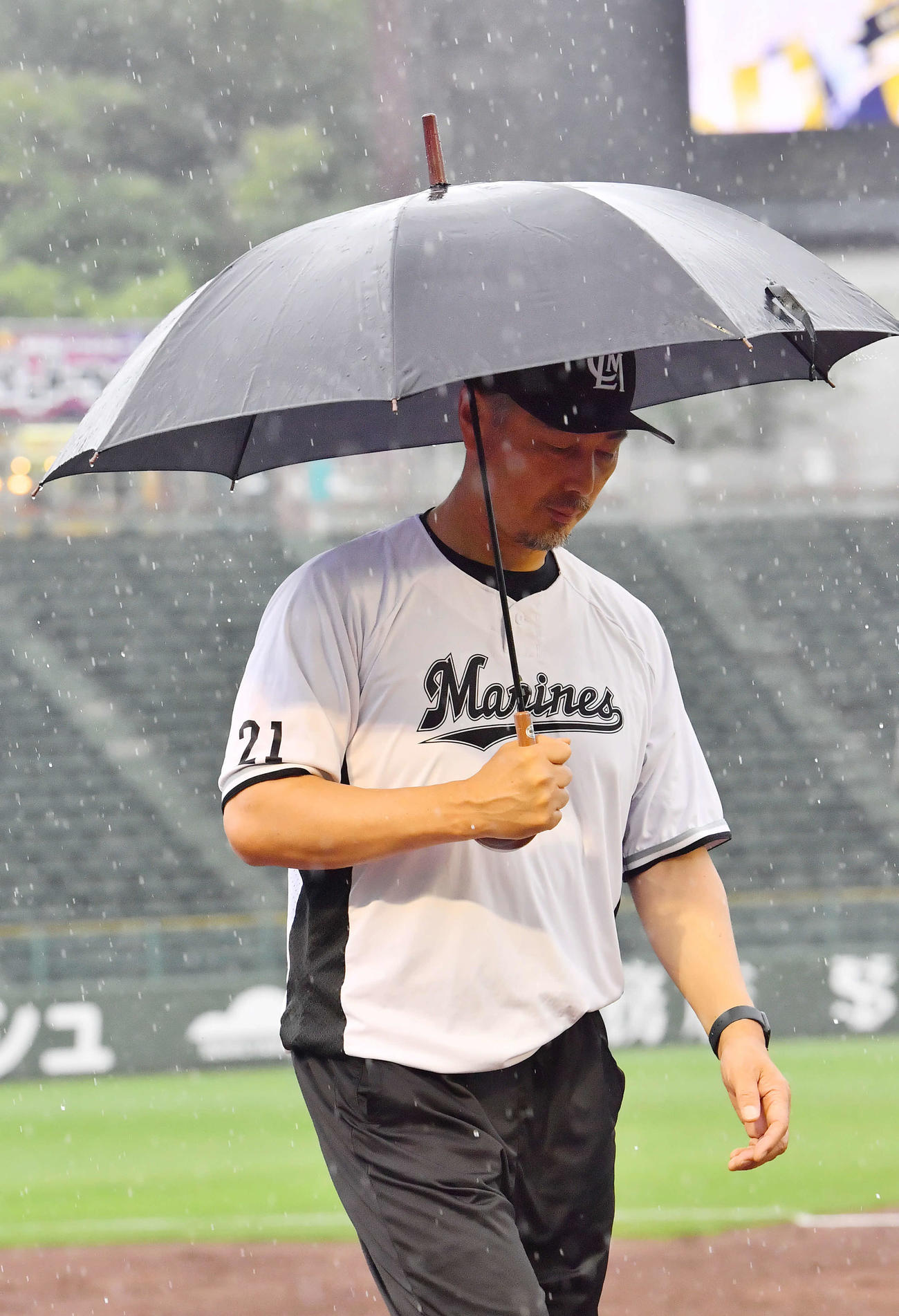 オリックス対ロッテ　傘を差しグラウンドから引き揚げるロッテ吉井監督（撮影・和賀正仁）