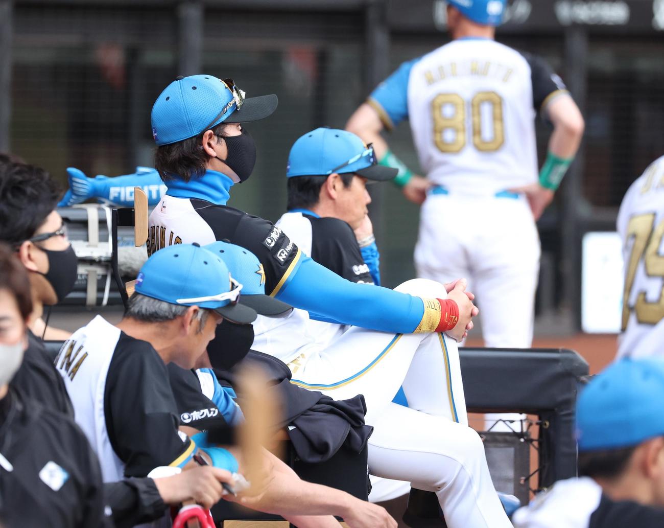 日本ハム対楽天　ベンチで試合を見つめる新庄監督（撮影・黒川智章）