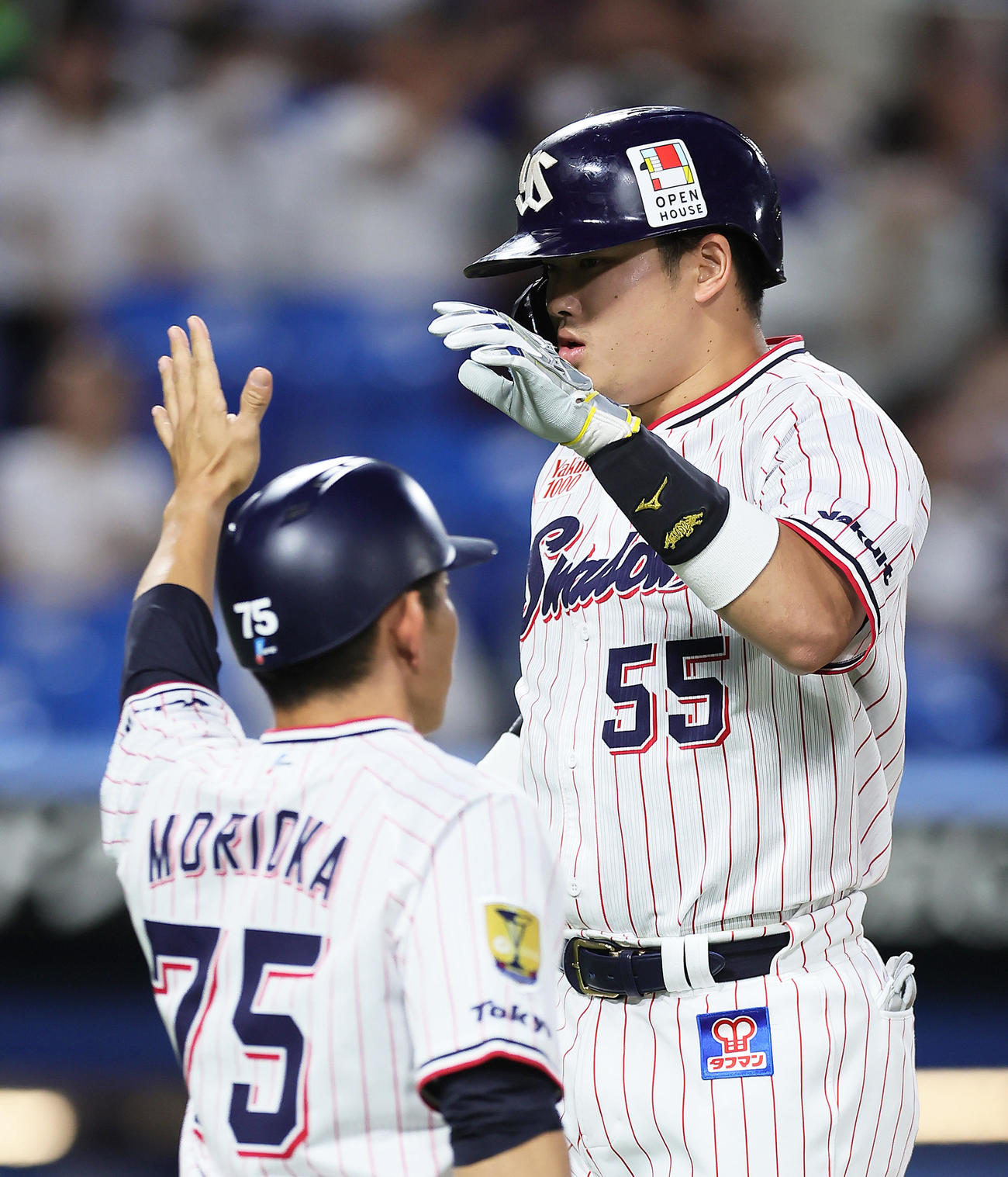 ヤクルト対中日　4回裏ヤクルト無死、村上（右）は左越え本塁打を放ちタッチを交わす（撮影・足立雅史）