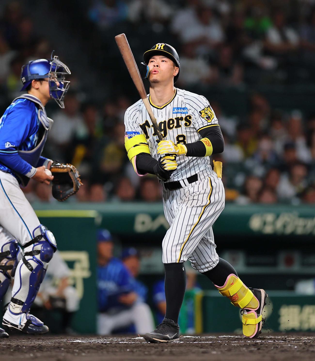 阪神対DeNA 6回裏阪神1死一、二塁、佐藤輝は三振に倒れる（撮影・上田博志）