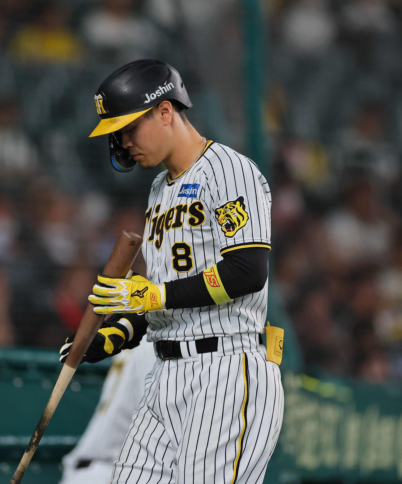 阪神対DeNA 6回裏阪神1死一、二塁、佐藤輝は三振に倒れる（撮影・上田博志）