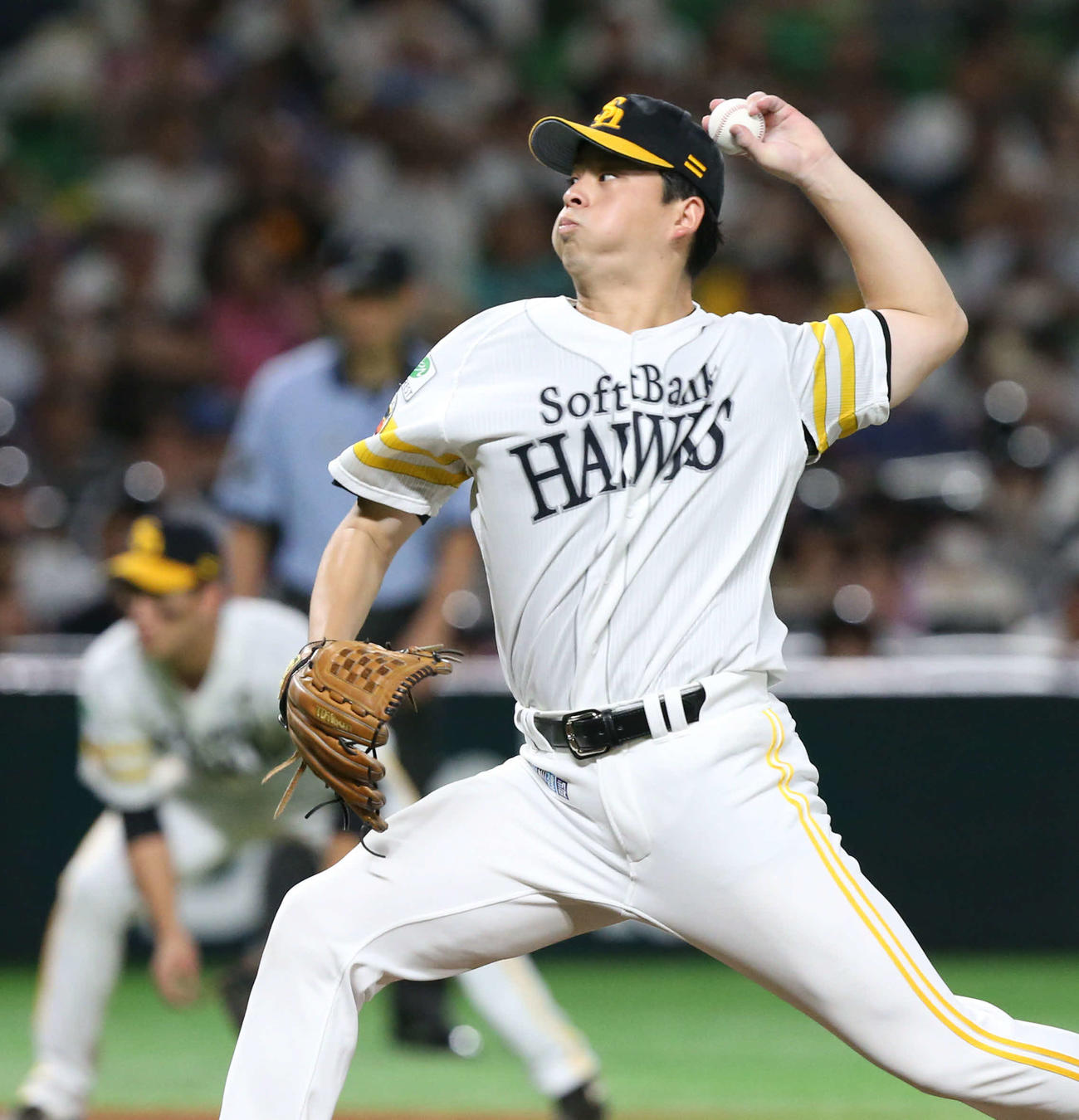 ソフトバンク対西武　5回、力投する先発の大関（撮影・冨田成美）