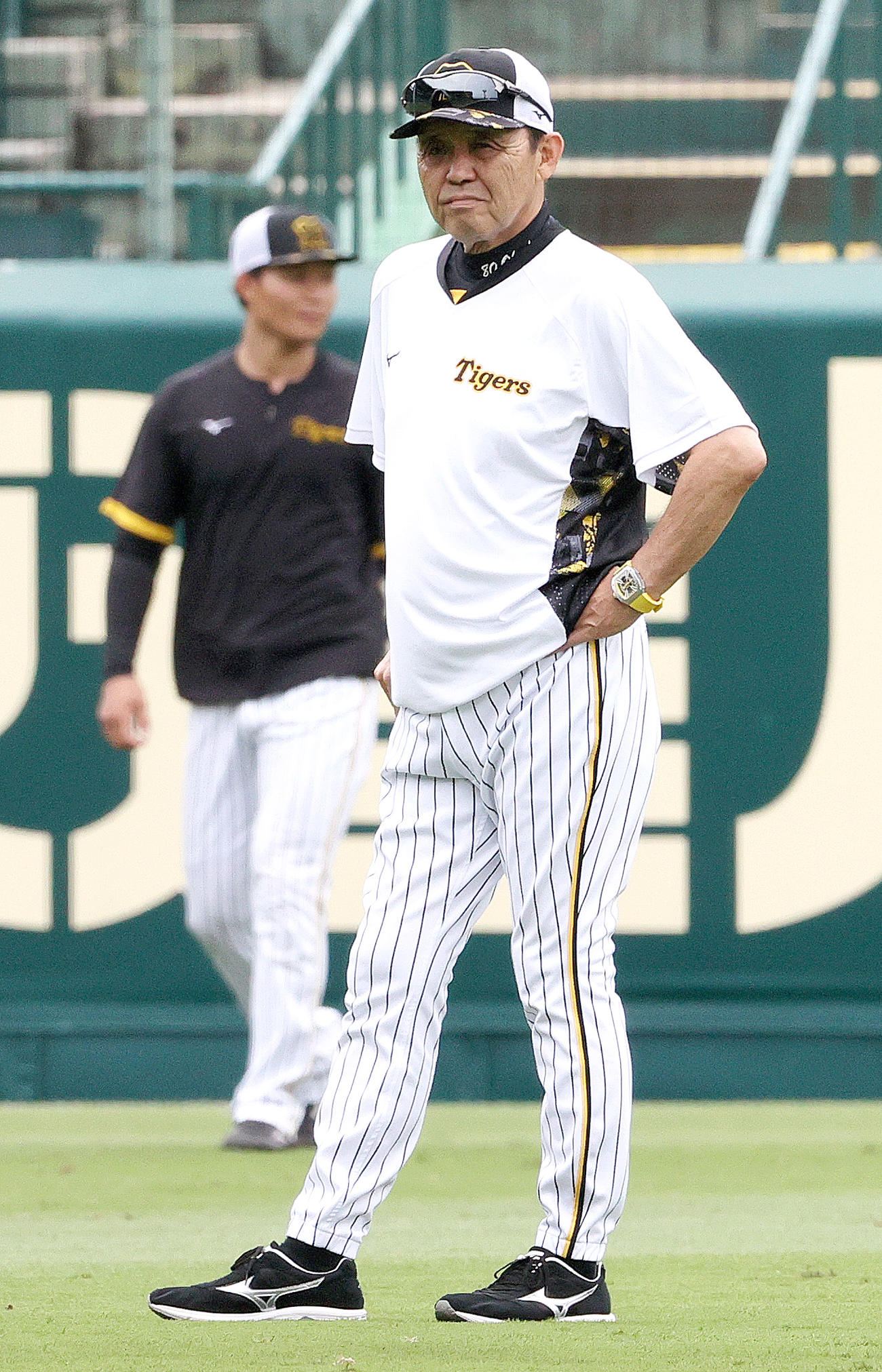 練習を見守る阪神岡田監督。奥は森下（撮影・上山淳一）
