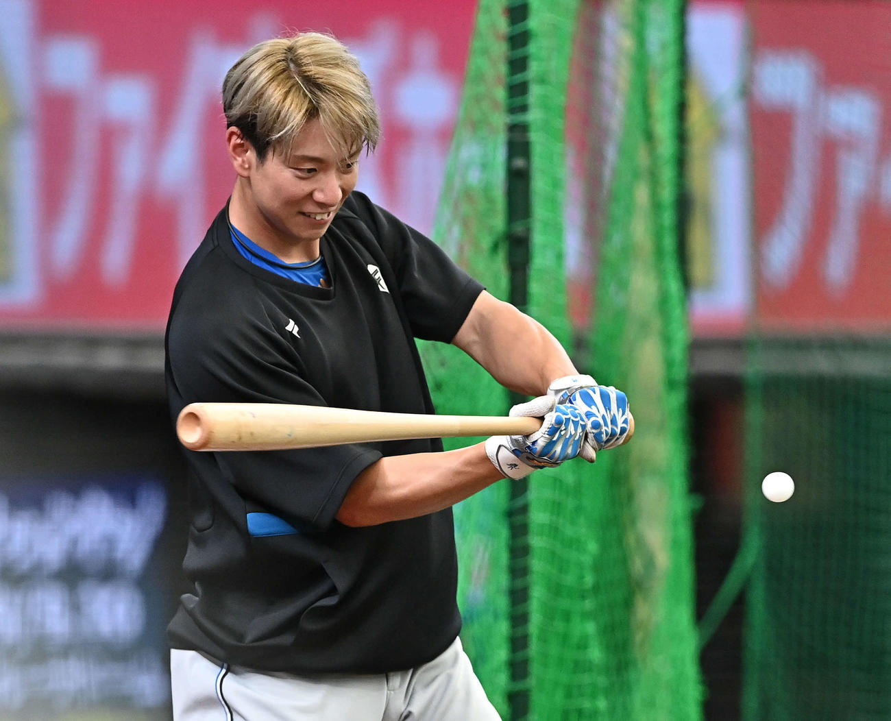 西武対日本ハム　試合前練習でピンポン球で目慣らしする日本ハム松本剛（撮影・滝沢徹郎）