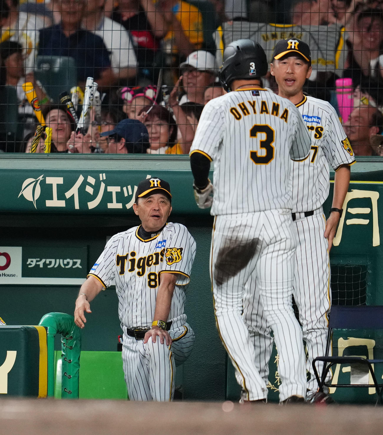 阪神対中日　4回裏阪神2死一、二塁、梅野の中前に適時打で生還した大山を出迎える阪神岡田監督（左）（撮影・藤尾明華）