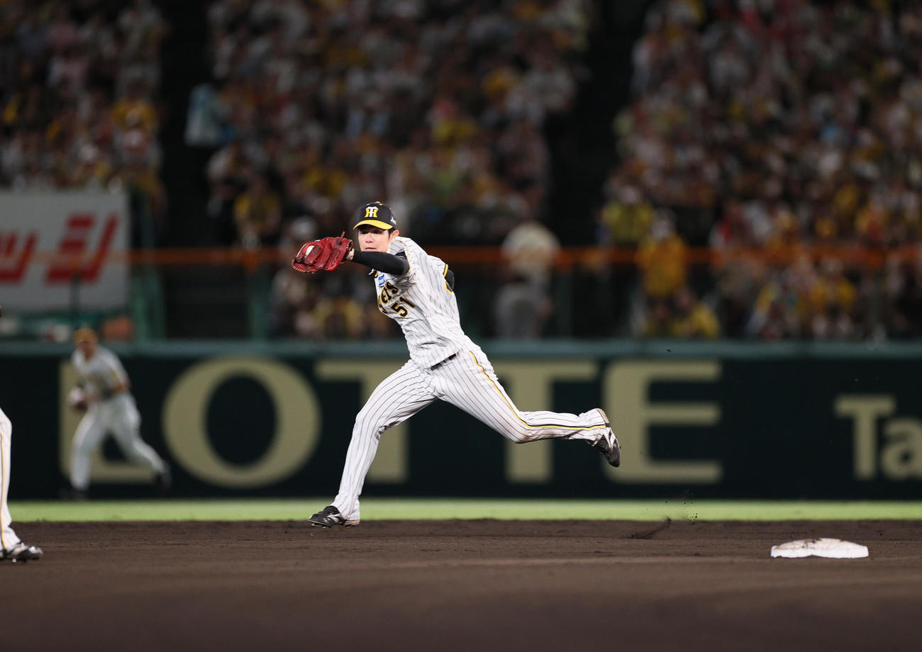 阪神対中日　8回表中日無死一塁、二塁手中野は岡林の打球を好捕し二ゴロ併殺に仕留める（撮影・上山淳一）