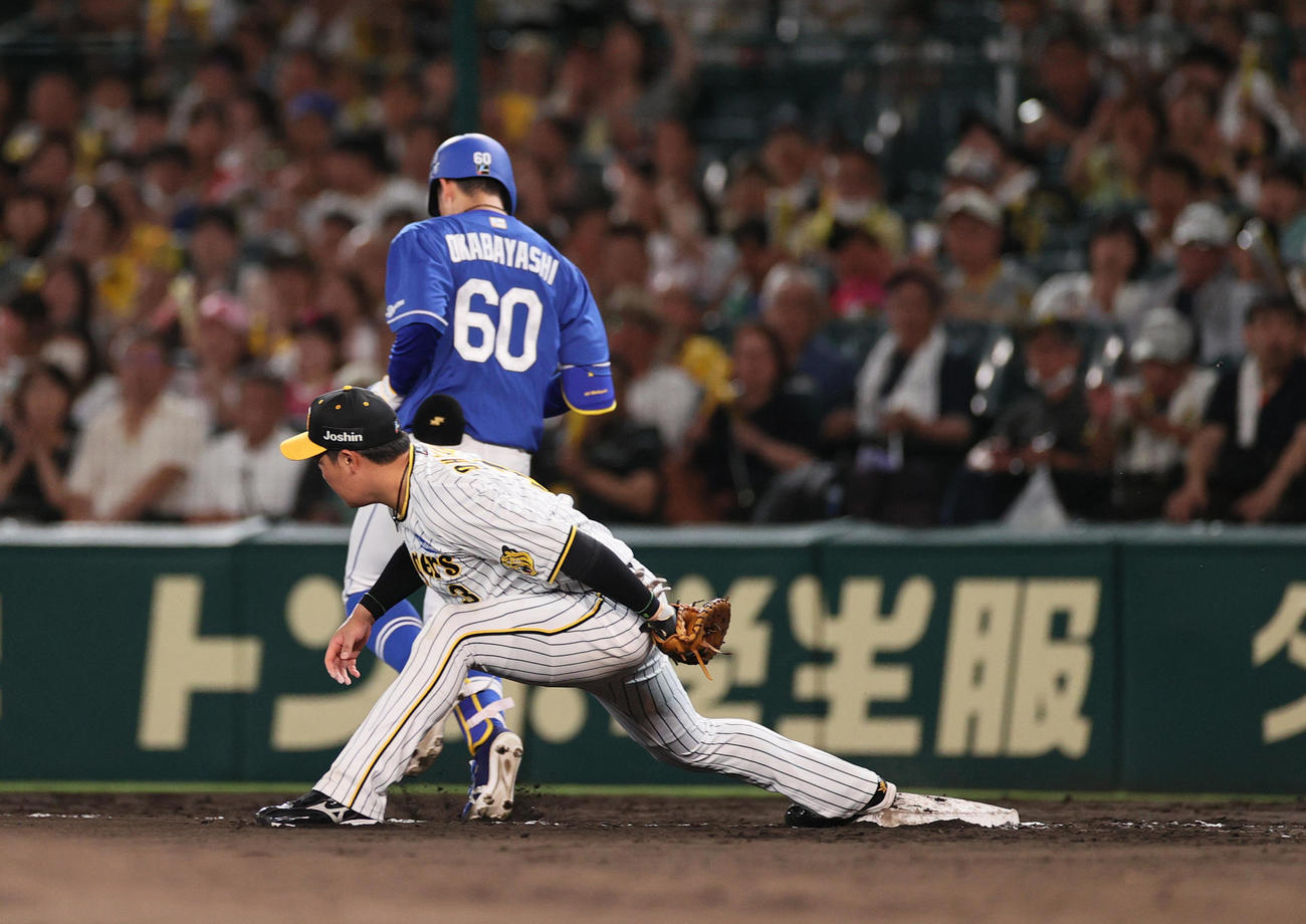 阪神対中日　8回表中日無死一塁、岡林を二ゴロ併殺に仕留める一塁手大山（撮影・上山淳一）