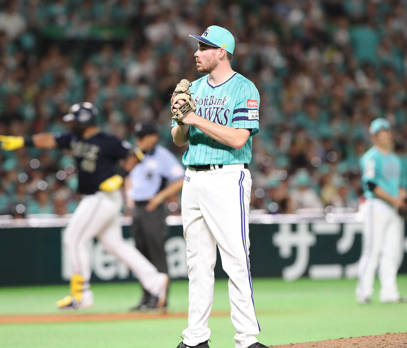 ソフトバンク対オリックス　6回表西武1死一、二塁、セデーニョに先制となる3点本塁打を浴びたスチュワート（撮影・梅根麻紀）