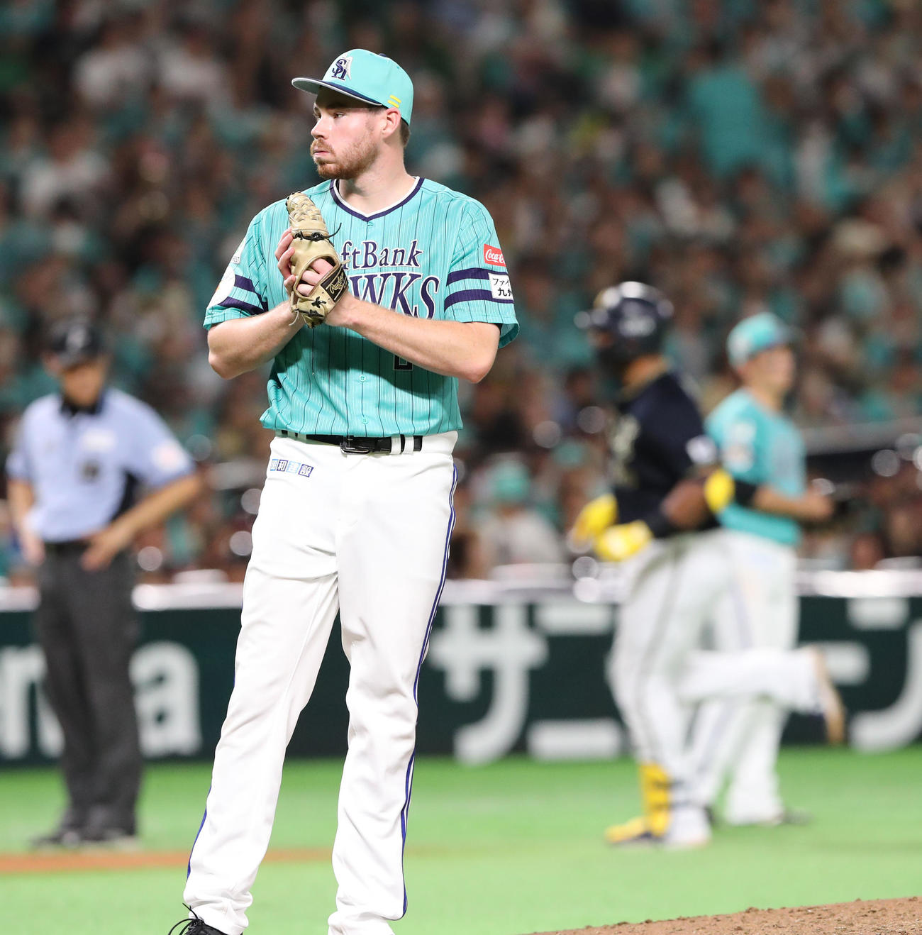 ソフトバンク対オリックス　6回表西武1死一、二塁、セデーニョに先制となる3点本塁打を浴びたスチュワート（撮影・梅根麻紀）