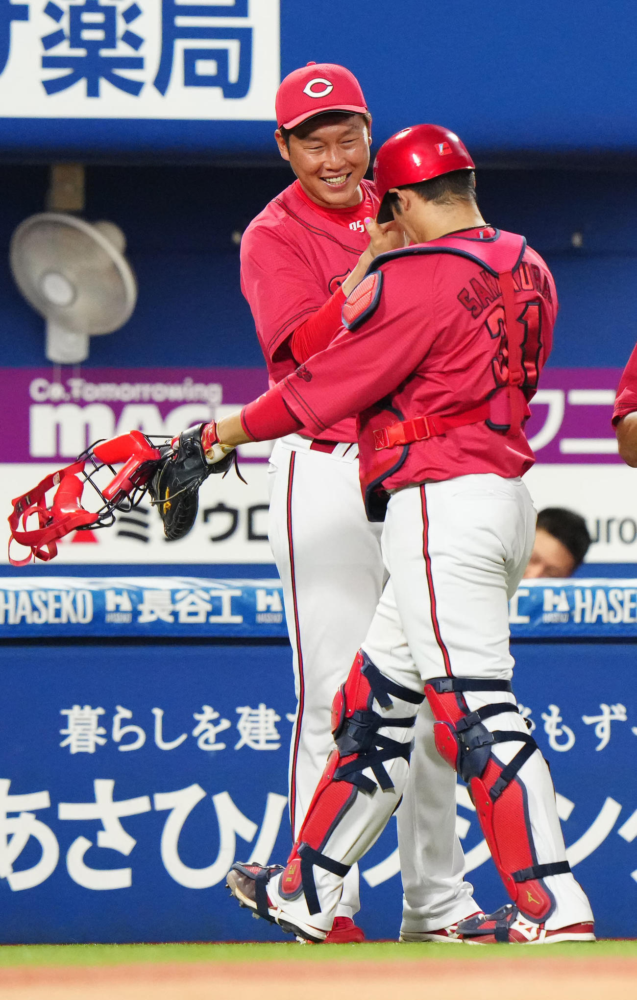 DeNA対広島　勝利し広島坂倉（右）とタッチを交わす新井監督（撮影・江口和貴）