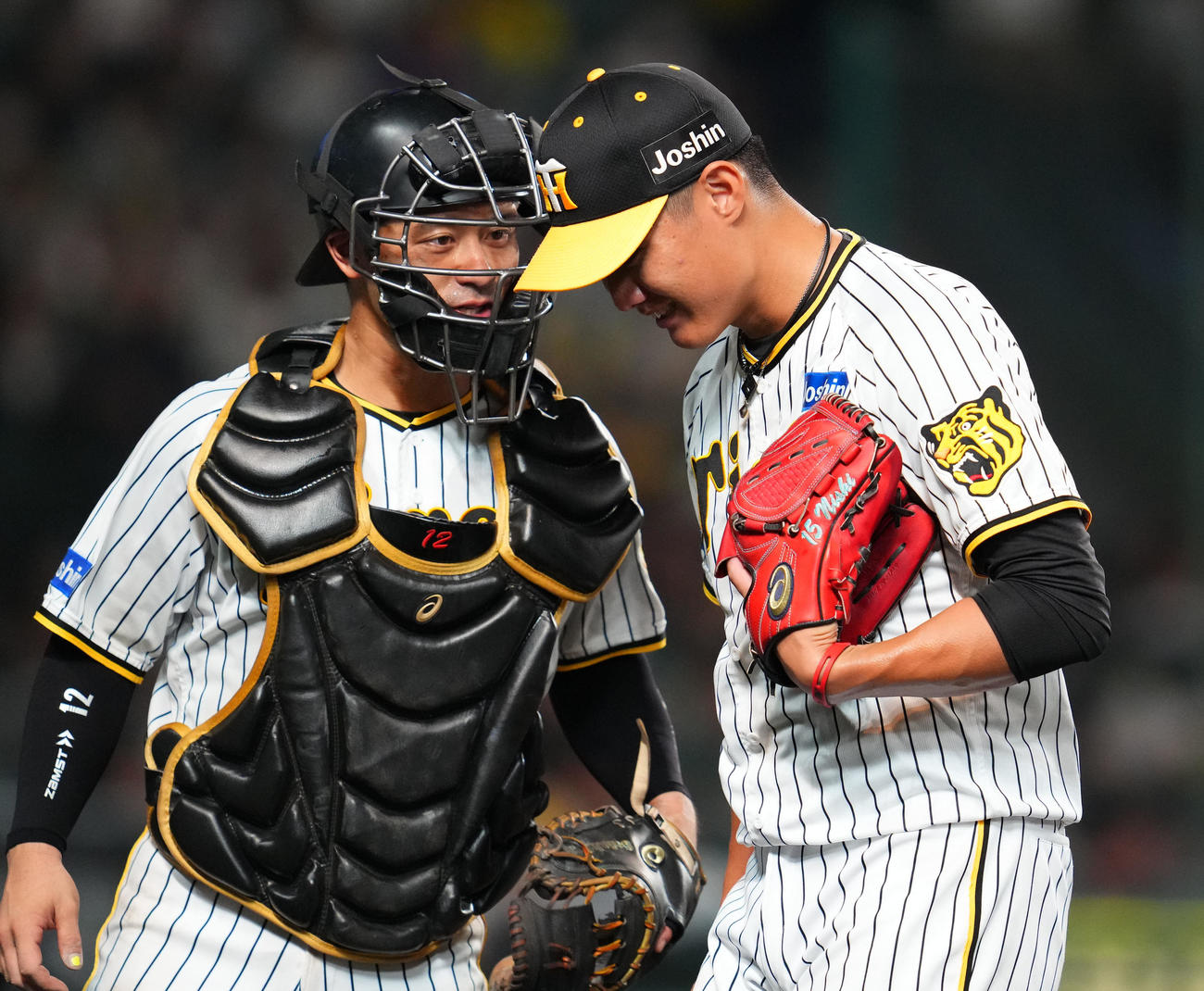 阪神対中日　5回表を終え、西純（右）に声かける坂本（撮影・藤尾明華）