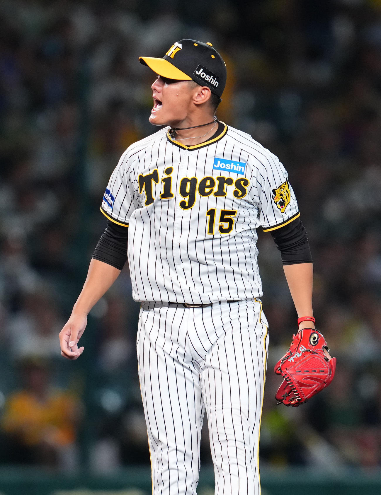 阪神対中日　6回表中日無死、宇佐見真吾を三振に仕留め雄たけびを上げる阪神西純（撮影・藤尾明華）