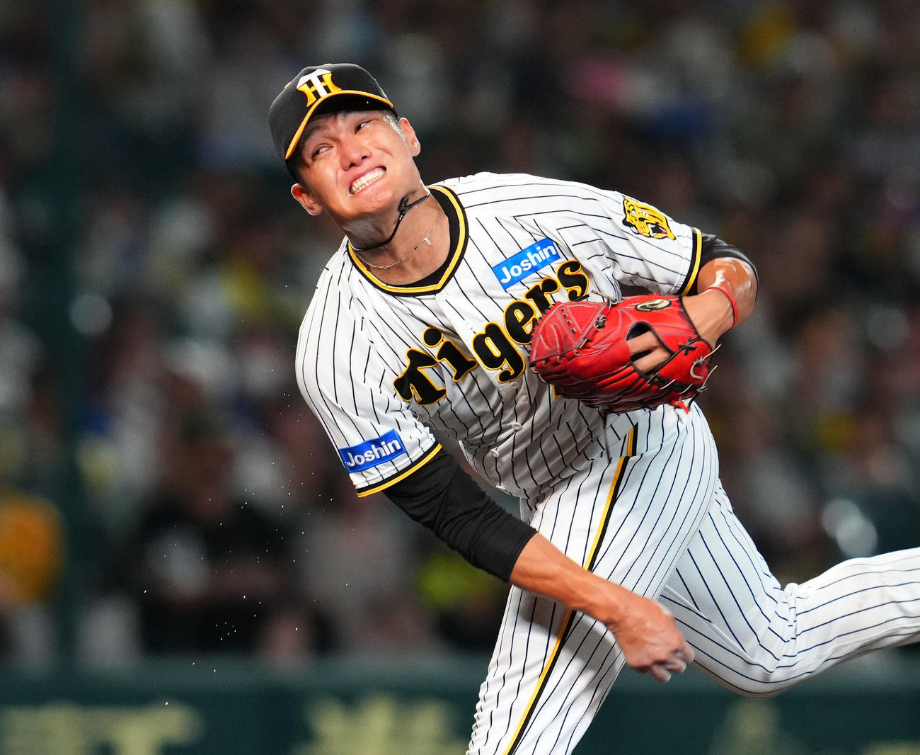 阪神対中日　7回、汗を飛ばして力投する阪神西純（撮影・藤尾明華）