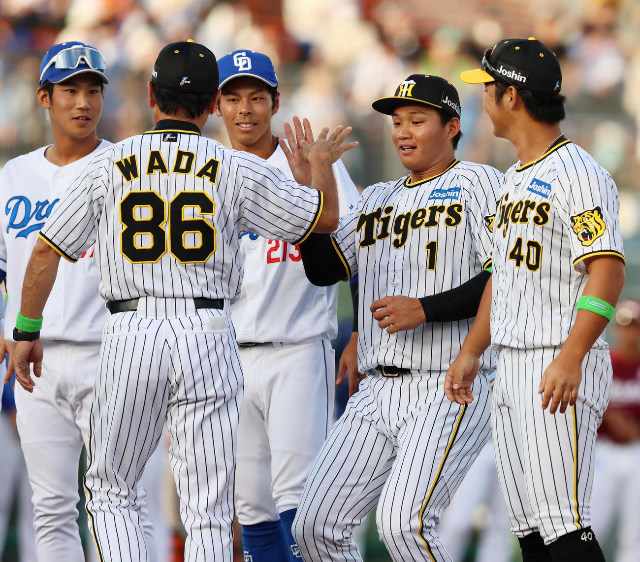 全ウ対全イ　選手紹介で和田監督がナインとタッチする中、全イナインにあいさつをしていた森下は…慌てて体の向きを変える（撮影・加藤哉）