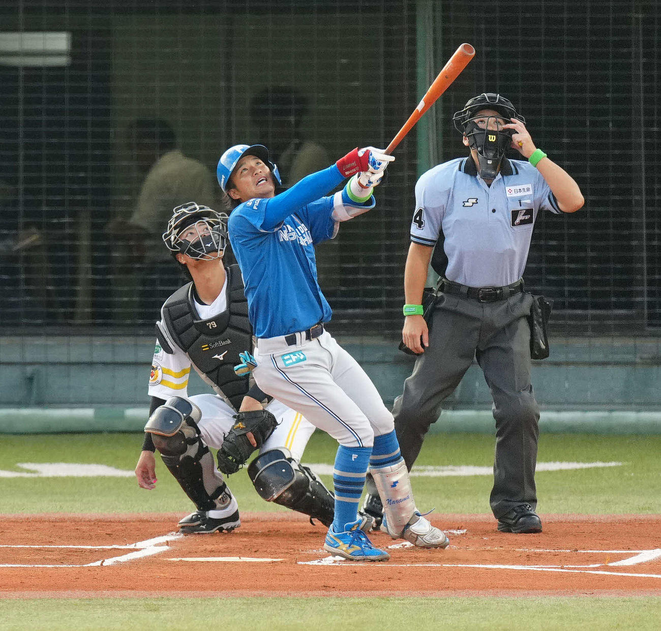 全ウ対全イ　1回表全イ無死一塁、左飛に倒れる奈良間（撮影・江口和貴）