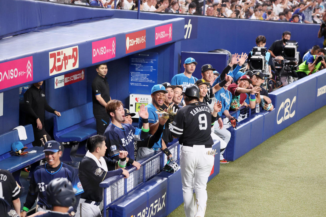 全セ対全パ　3回表全パ1死、柳田は右越えソロ本塁打を放ちベンチのナインとタッチする（撮影・加藤哉）