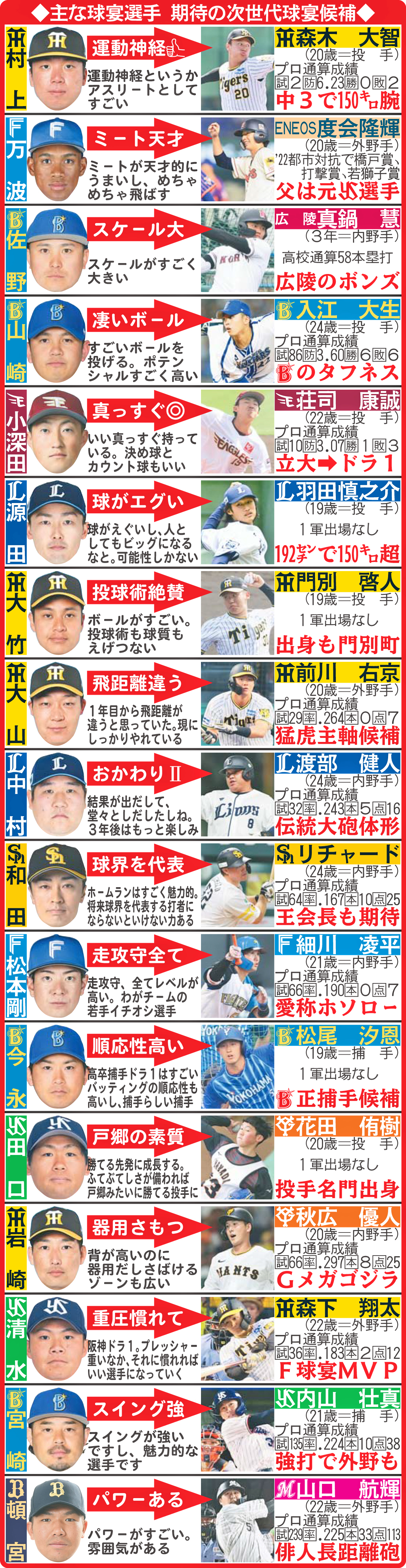 主な球宴選手　期待の次世代球宴候補