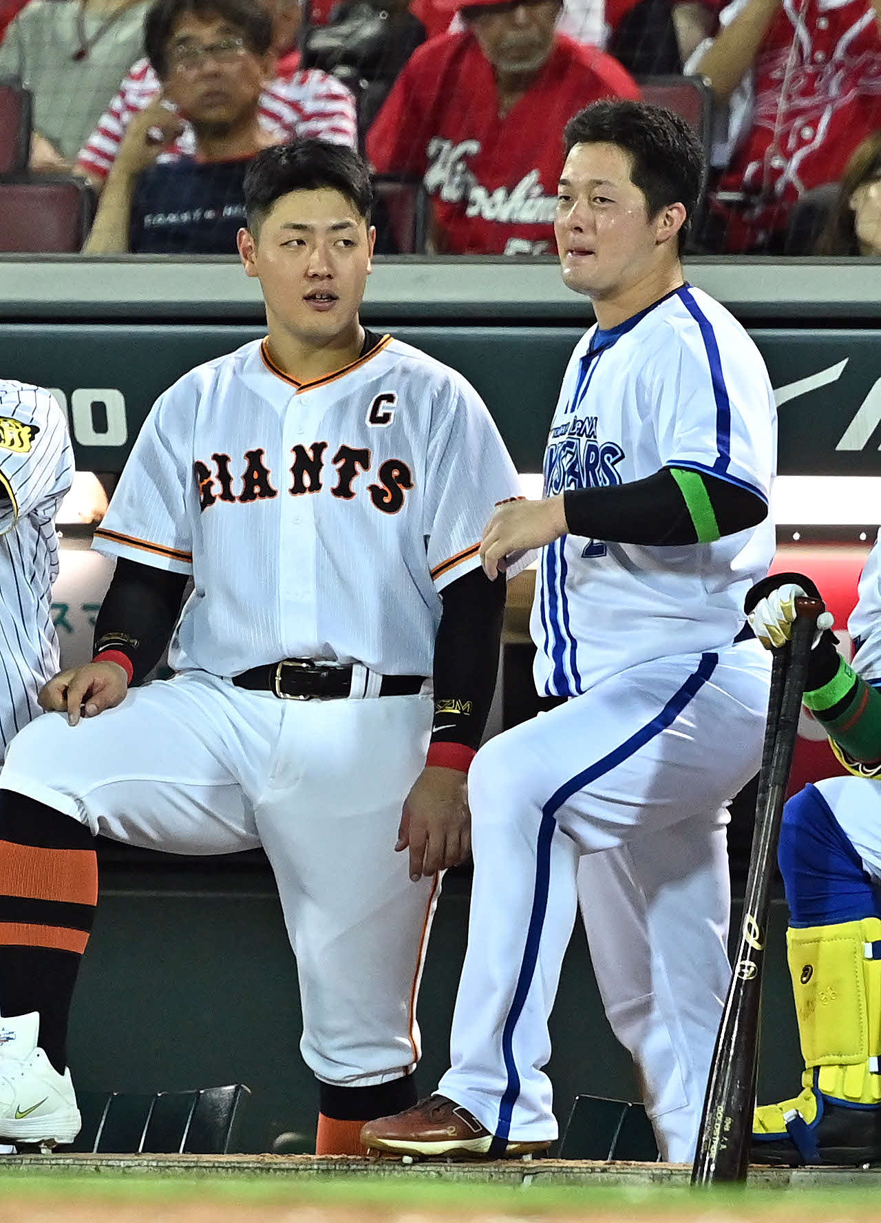 全セ対全パ　全セのベンチで話す岡本和（左）と牧（撮影・滝沢徹郎）