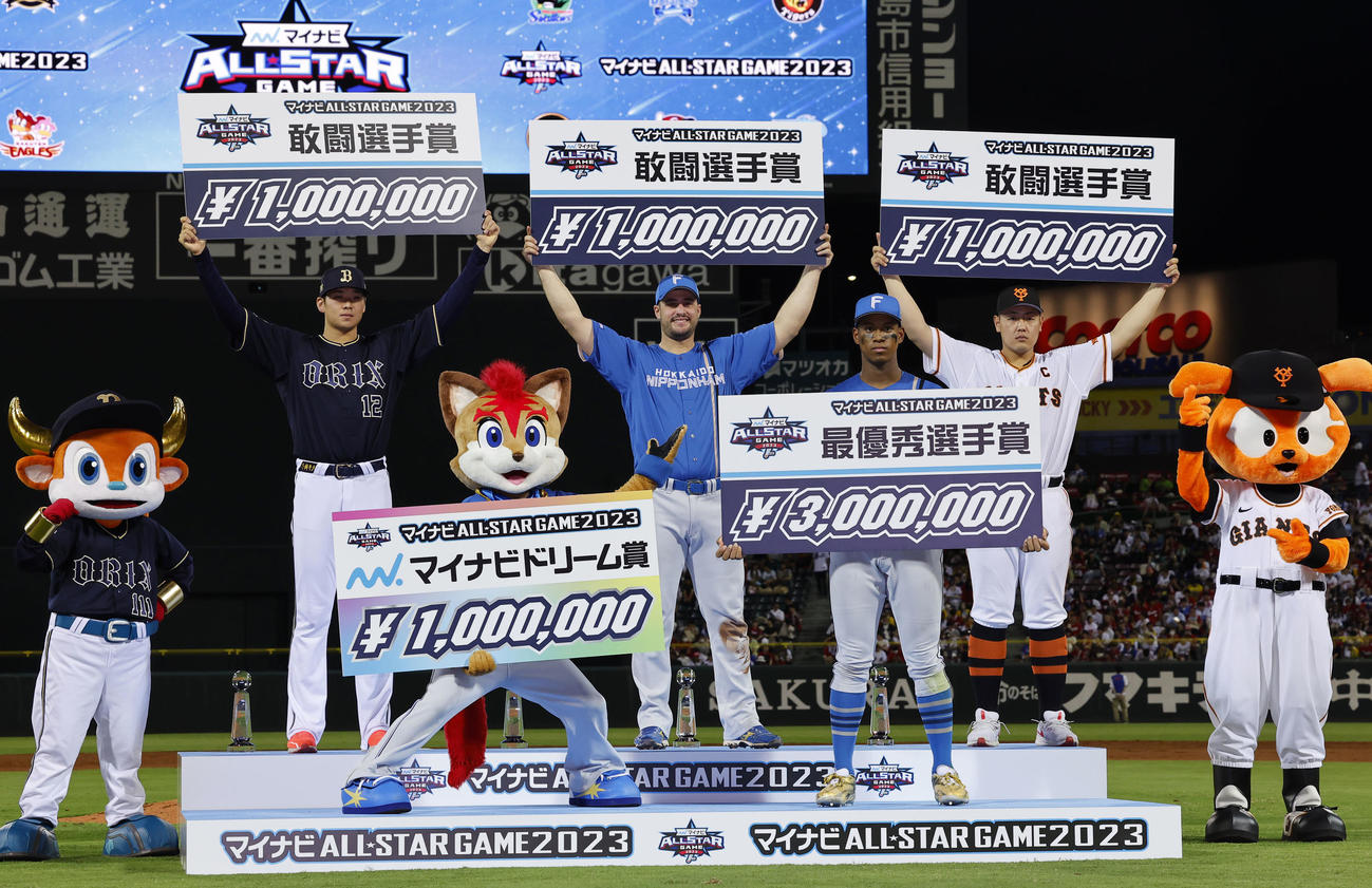全セ対全パ　MVPに輝いた万波（手前）と、敢闘選手賞に輝いた、後列左から山下、マルティネス、岡本和（撮影・藤尾明華）