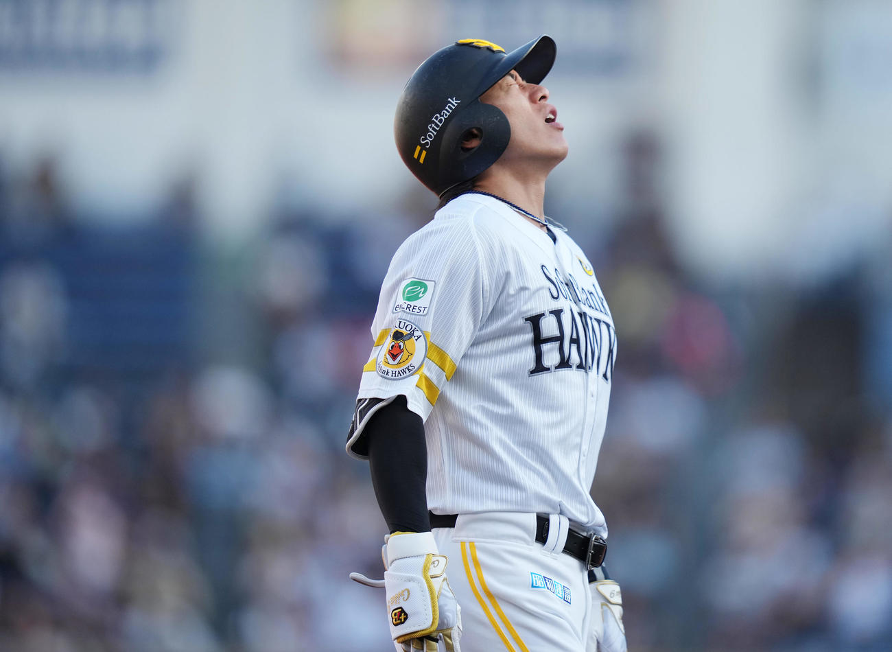 ロッテ対ソフトバンク　1回表ソフトバンク無死一、二塁、二ゴロ併殺に倒れ、悔しがる柳田（撮影・鈴木みどり）