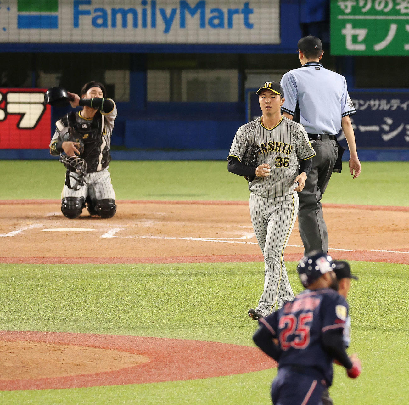 ヤクルト対阪神　8回裏ヤクルト2死、サンタナに中越えソロ本塁打を浴びる浜地（撮影・河田真司）