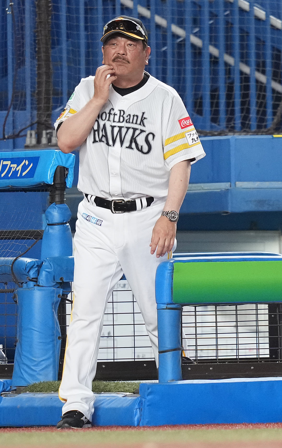 ロッテ対ソフトバンク　8回裏の選手交代を告げに向かうソフトバンク藤本監督（撮影・鈴木みどり）