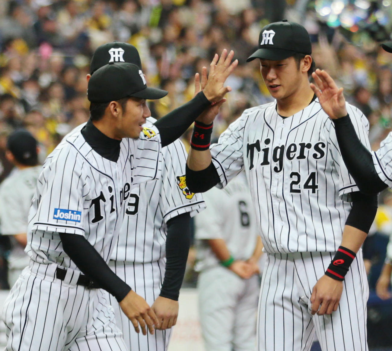 16年3月25日　阪神対中日　開幕戦のセレモニーで横田慎太郎さん（右）とタッチを交わす鳥谷敬氏