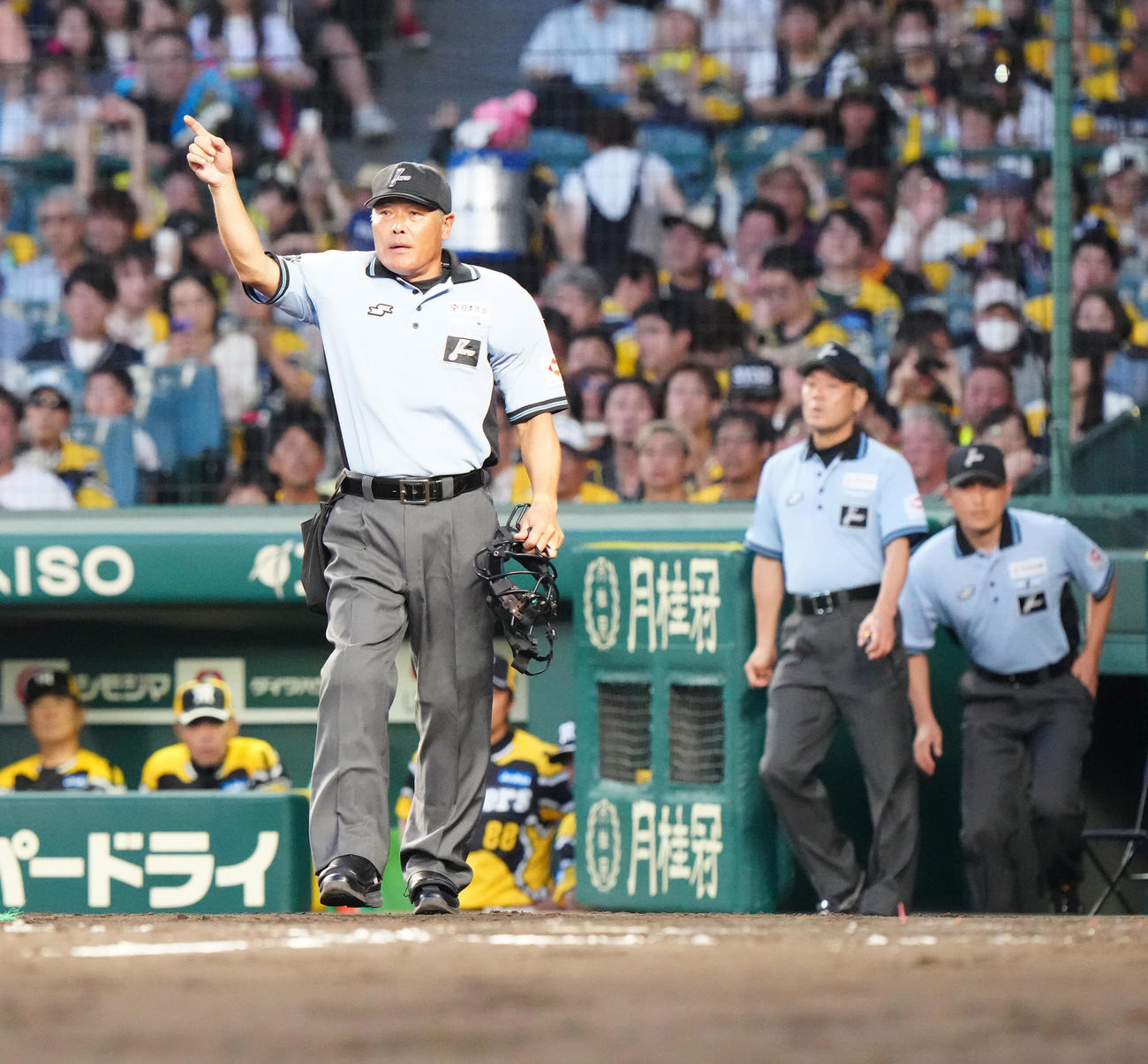 阪神対巨人　4回表巨人無死、リプレー検証の結果、岡本和のソロ本塁打を宣告する川口球審（撮影・江口和貴）
