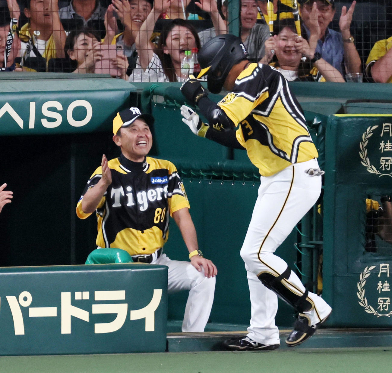 阪神対巨人　6回裏阪神1死一塁、逆転2点本塁打を放った大山（右）を笑顔で迎える岡田監督（撮影・加藤哉）