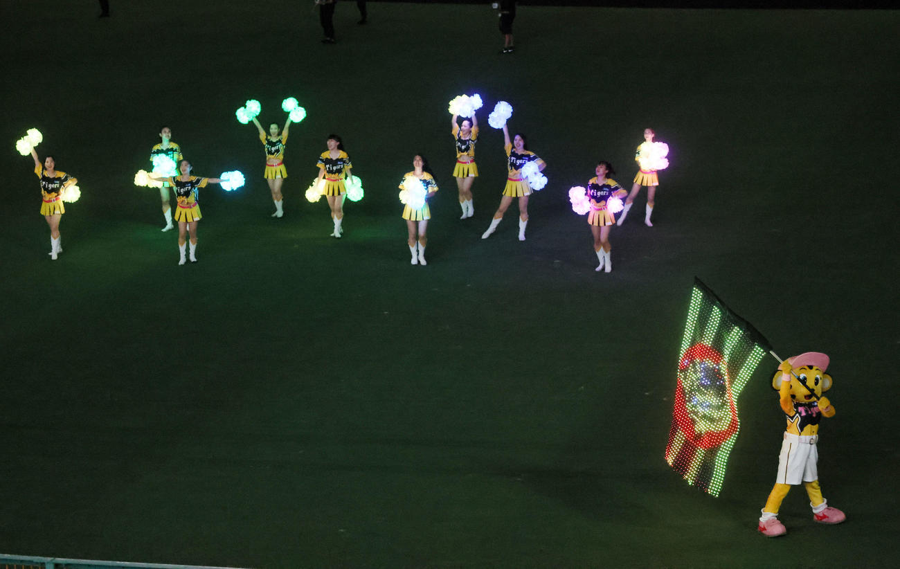 阪神対巨人　巨人に勝利し電飾の旗とポンポンでタイガースガールズが応援（撮影・加藤哉）
