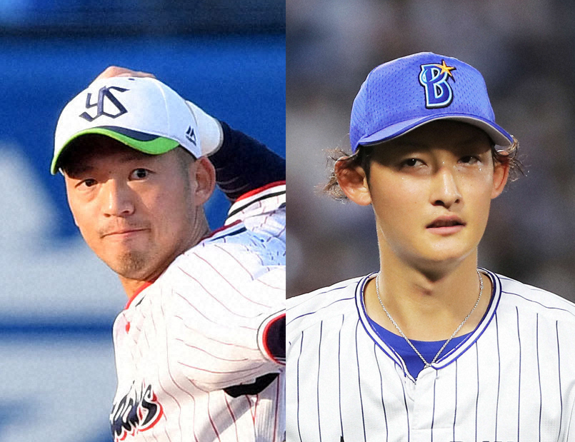西浦直亨内野手（左）と阪口皓亮投手