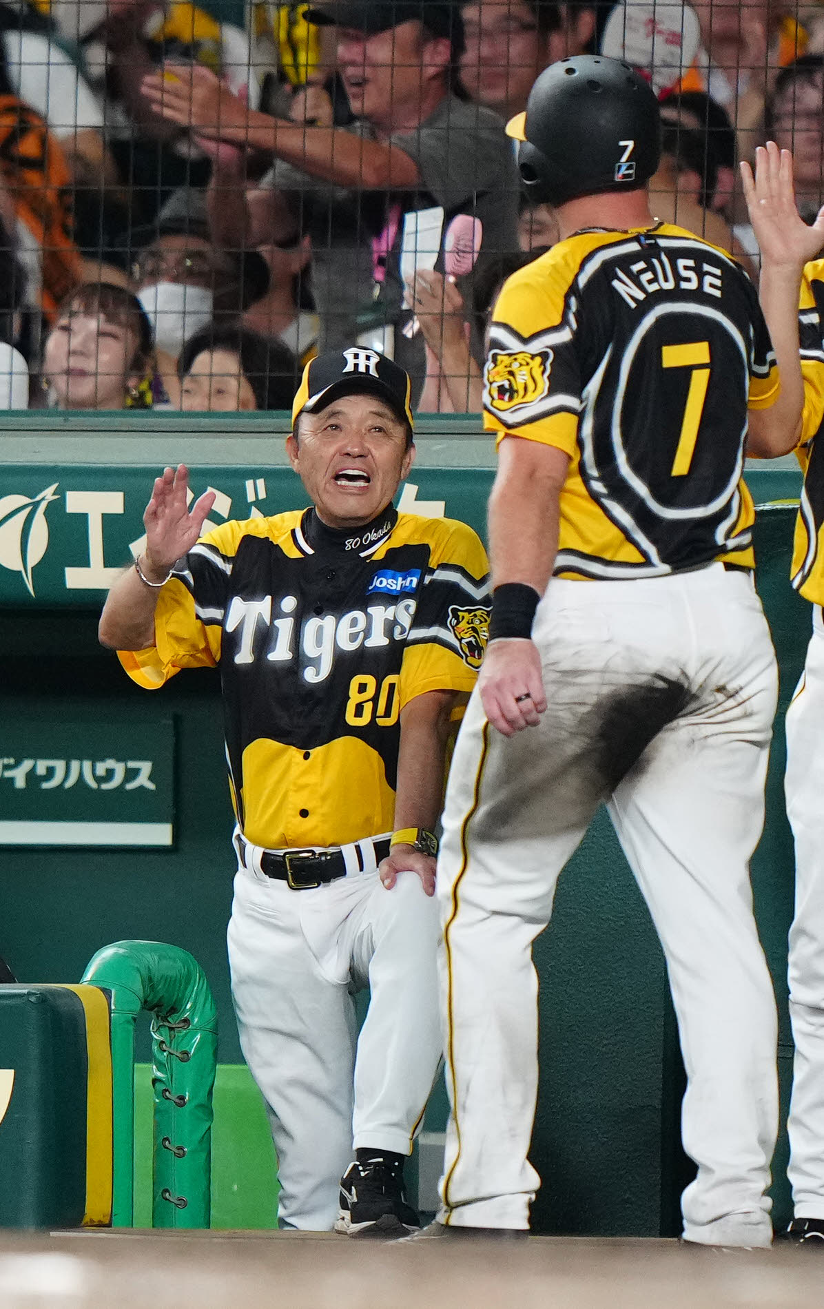 阪神対巨人　7回裏阪神1死一、三塁、小幡の2点適時三塁打で生還したノイジー（右）を迎える岡田監督（撮影・江口和貴）