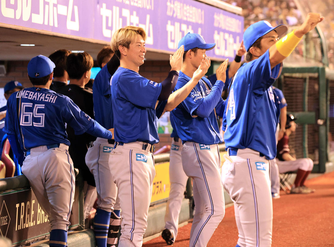 楽天対日本ハム　9回表日本ハム1死一、三塁、万波が勝ち越しの遊撃内野適時打を放ち喜ぶ松本剛（中央）ら日本ハムベンチ（撮影・浅見桂子）