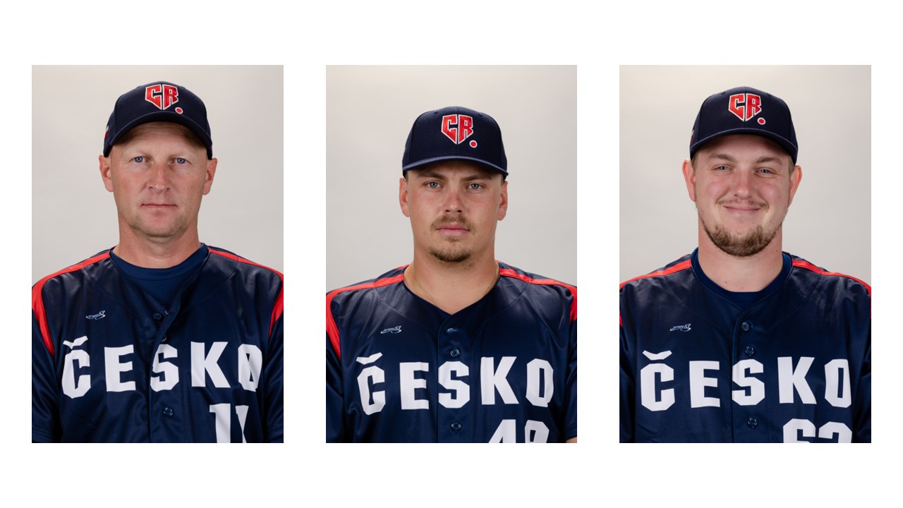 ZOZOマリンに来場するWBCチェコ代表の3人。左からハジム監督、ムジーク内野手、エルコリ投手（球団提供）