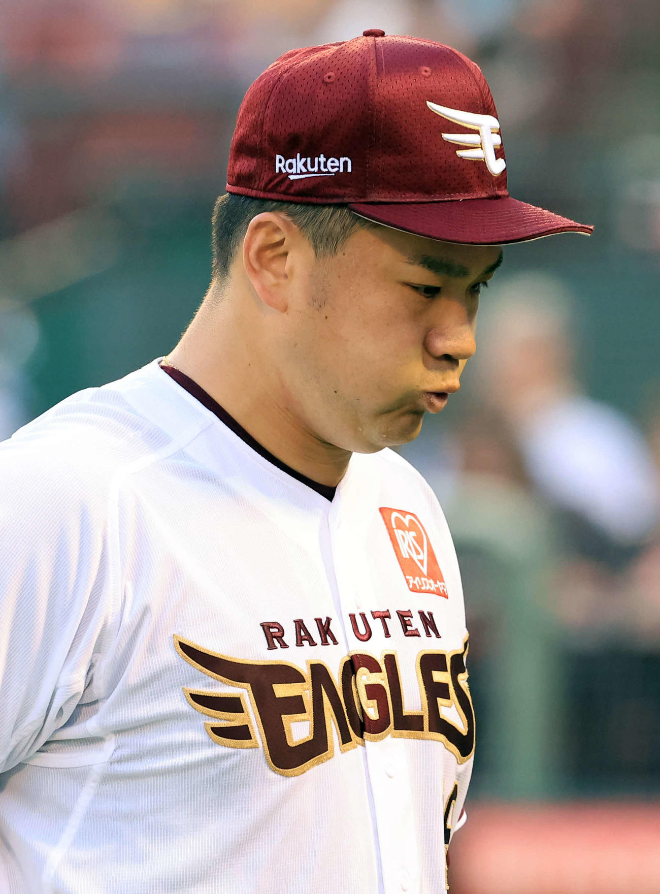 楽天対日本ハム　2回表日本ハムに逆転を許し、ほおを膨らませてベンチに戻る田中将（撮影・浅見桂子）