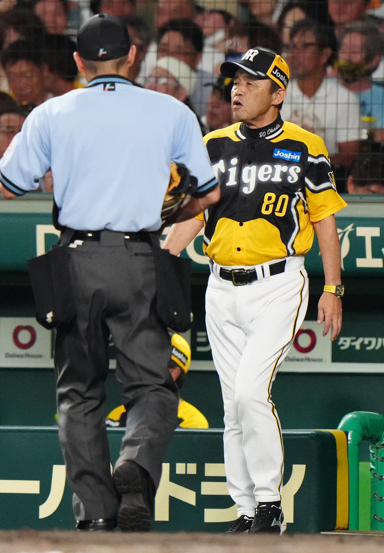 阪神対巨人　5回表途中、阪神先発才木の降板を告げる岡田監督（撮影・江口和貴）