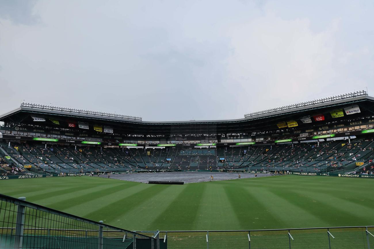 阪神対巨人　雨予報の甲子園球場にシートが掛けられた（撮影・上田博志）