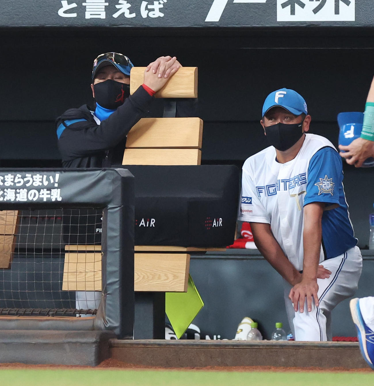 日本ハム対オリックス　ベンチの背もたれにもたれかかる日本ハム新庄監督（左）（撮影・佐藤翔太）